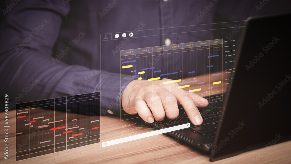 Poster Man working with technology computer in business analytics and data management system to make report with KPI and metrics connected to database. Corporate strategy for operations, planing, marketing.