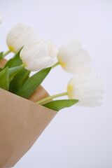 Bouquet of white tulips on white background. Gift idea. Gift concept. 8th March. Woman's day. Woman celebration. Love celebration. White background. 