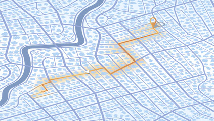 Gps map navigation to own house. City top view. View from above the map buildings. Detailed view of city. Decorative graphic tourist map. Abstract transportation background. Vector, illustration.