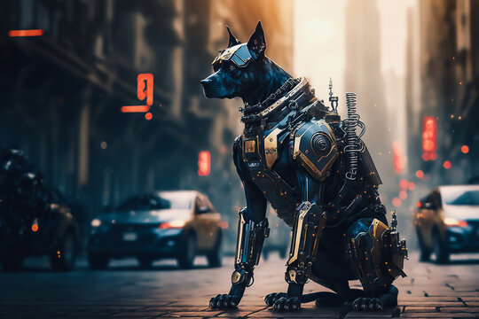 dog police robot in city, futuristic, Generative AI