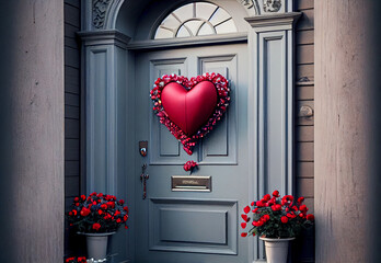House front door with decorative Valentines Day elements. Heart shaped wreath. Heart on door. Generative Ai.