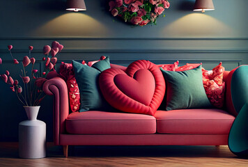 Interior of living room with sofa, pillows and heart shaped decor for Valentine's Day. Generative ai.