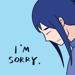 I'm sorry vector illustration with girl person from side view having sad and grieving expression. Drawing isolated on blue square background. Drawing with simple flat art style and colors.