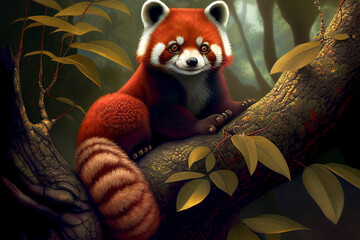 Fototapeta premium Panda roux dans son environnement, panda roux dans la jungle, dans la forêt