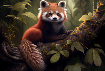 Naklejka premium Panda roux dans son environnement, panda roux dans la jungle, dans la forêt