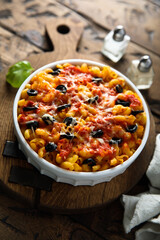 Homemade pasta bake with olives and tomato