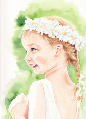 Hand drawn watercolor portrait of smiling little girl, daisy flower wreath in her hair in white dress. Young cute happy child. Realistic soft drawing springtime, Easter, bride, wedding, birthday.