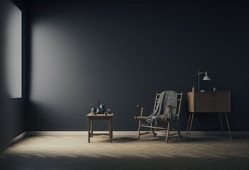 Obraz na płótnie Canvas Home interior, dark room with minimal furniture. Generative AI.