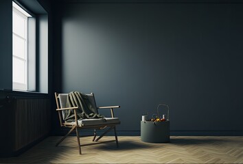 Home interior, dark room with minimal furniture. Generative AI.