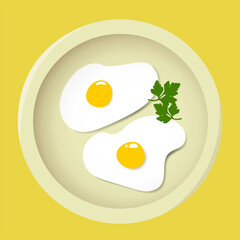 Fried scrambled eggs with greens in a white plate for breakfast in flat style. Vector illustration in flat style.	