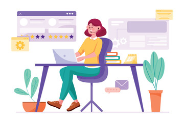 Call center purple concept with people scene in the flat cartoon style. Call center employee advises the client who contacted her. Vector illustration.