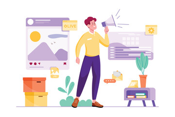 Content manager purple concept with people scene in the flat cartoon design. Man works on the content and addition of the company's websites. Vector illustration.
