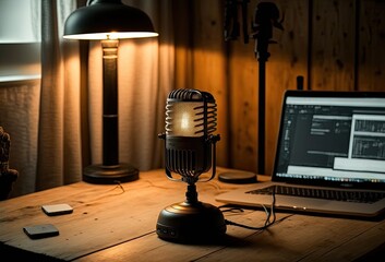 Home studio podcast interior. Microphone, laptop and on air lamp on the table, close-up. Generative AI.