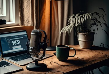 Home studio podcast interior. Microphone, laptop and on air lamp on the table, close-up. Generative AI.