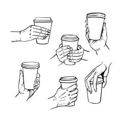 Coffee set. Cup of coffee in hands.