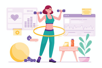 Fitness gym purple concept with people scene in the flat cartoon style. People do physical exercises on the gym to keep their body in a good shape. Vector illustration.