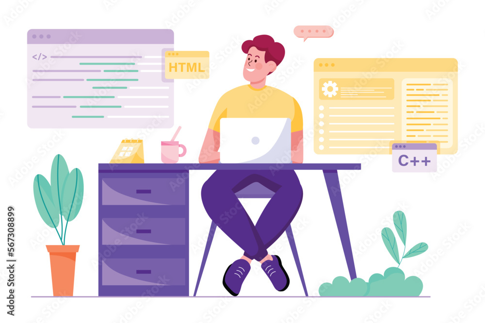 Aufkleber programming software purple concept with people scene in the flat cartoon design. programmer work on