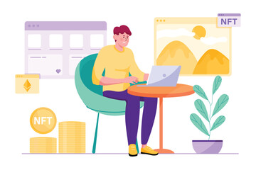 NFT purple concept with people scene in the flat cartoon design. Man digitizes various things on the Internet and earns money from it. Vector illustration.