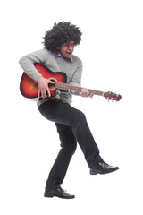 cheerful man with a guitar. isolated on a white