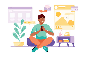 Social media purple concept with people scene in the flat cartoon design. Boy is checking news on the social network using a smartphone. Vector illustration.