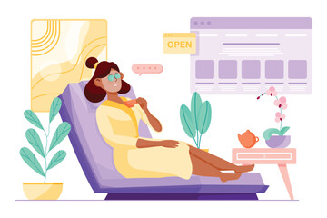 Spa salon purple concept with people scene in the flat cartoon design. Woman is relaxing in a spa salon after hard work day. Vector illustration.
