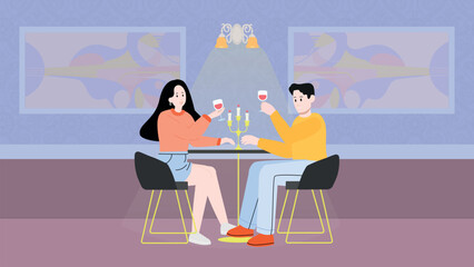 Man and woman are drinking wine by candlelight. Valentine's Day or birthday or special day celebration. Couple activity at the restaurant. Romantic dating. Cartoon, vector illustration.