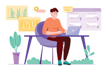 Stock market purple concept with people scene in the flat cartoon style. Economists evaluate the stock market and data about it. Vector illustration.