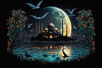Islamic Mosque, Moon, Birds, Night, Colorful, Ramadan, Generative AI