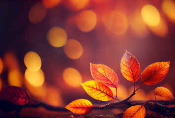 Red leaves and bokeh. fall autumn background with sample text. Generative Ai.