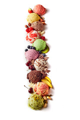 Assorted bright ice cream scoops on white background