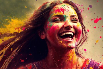 Celebration of Holi festival day colorful illustration of young woman covered in paint illustration generative ai