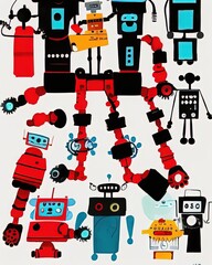 set of cartoon robots unique art Generative AI