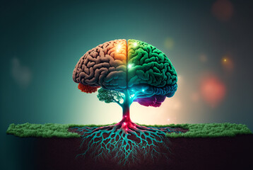 Beautiful illustration of the symbolic magic tree of life.The human brain bursts into colorful tree roots. Generative AI.