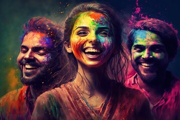 Celebration of Holi festival day colorful illustration of woman and men covered in paint illustration generative ai