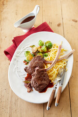 Delicious tomahawk steaks with spaghetti