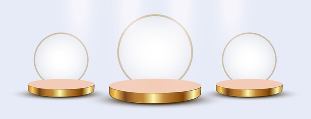 Set of Futuristic podium, stage, places, stage of product with 3d golden. Three podiums for Product display presentation in pastel colors