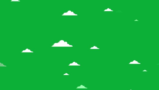 4K Cloudy sky animation. Animated Clouds timelapse Isolated on Green Chroma Key Background. Cartoon clouds landscape illustration. Clouds background. Particle Cloudy Sky Plane Flying Motion Effect.