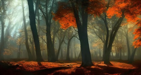秋の紅葉と木漏れ日の森_41