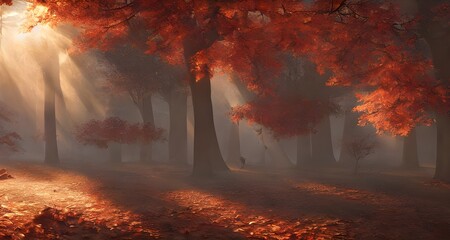 秋の紅葉と木漏れ日の森_35