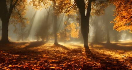 秋の紅葉と木漏れ日の森_33