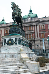 The Republic Square (Trg Republike in Serbian) with old Baroque style buildings, the statue of Prince Michael and the National Museum.