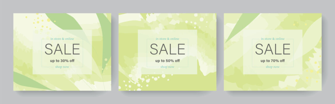 Set of editable web templates for spring sale. Minimalistic vector illustrations in pastel warm green colors with botanical and abstract elements.	
