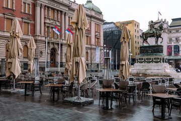 The Republic Square (Trg Republike in Serbian) with old Baroque style buildings, the statue of...