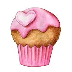 Delicious round cupcake with pink icing and a heart, watercolor hand-painted