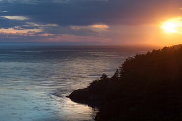 Dramatic sunset in the San Juan islands  archipelago, Pacific coast near Anacortes, Washington state, USA