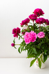 Peonies in a white vase against a white wall, part of a home interior, house decoration with flowers, cozy summer background
