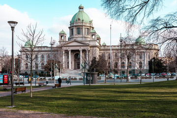 Serbian Parliament Government Building at Winter Sunny Day.