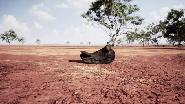 Old decorated mexican saddle lying on sand