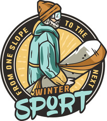 Snowboarder on a snowy mountain. Winter season extreme active sport. Emblem about snowboarding