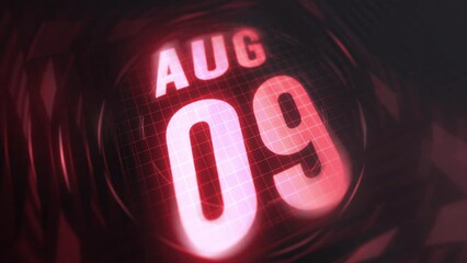 9 August in 3d motion graphic. Infrared calendar in futuristic and tech glowing neon for takes, commemoratives in led and etc. 4k in loop